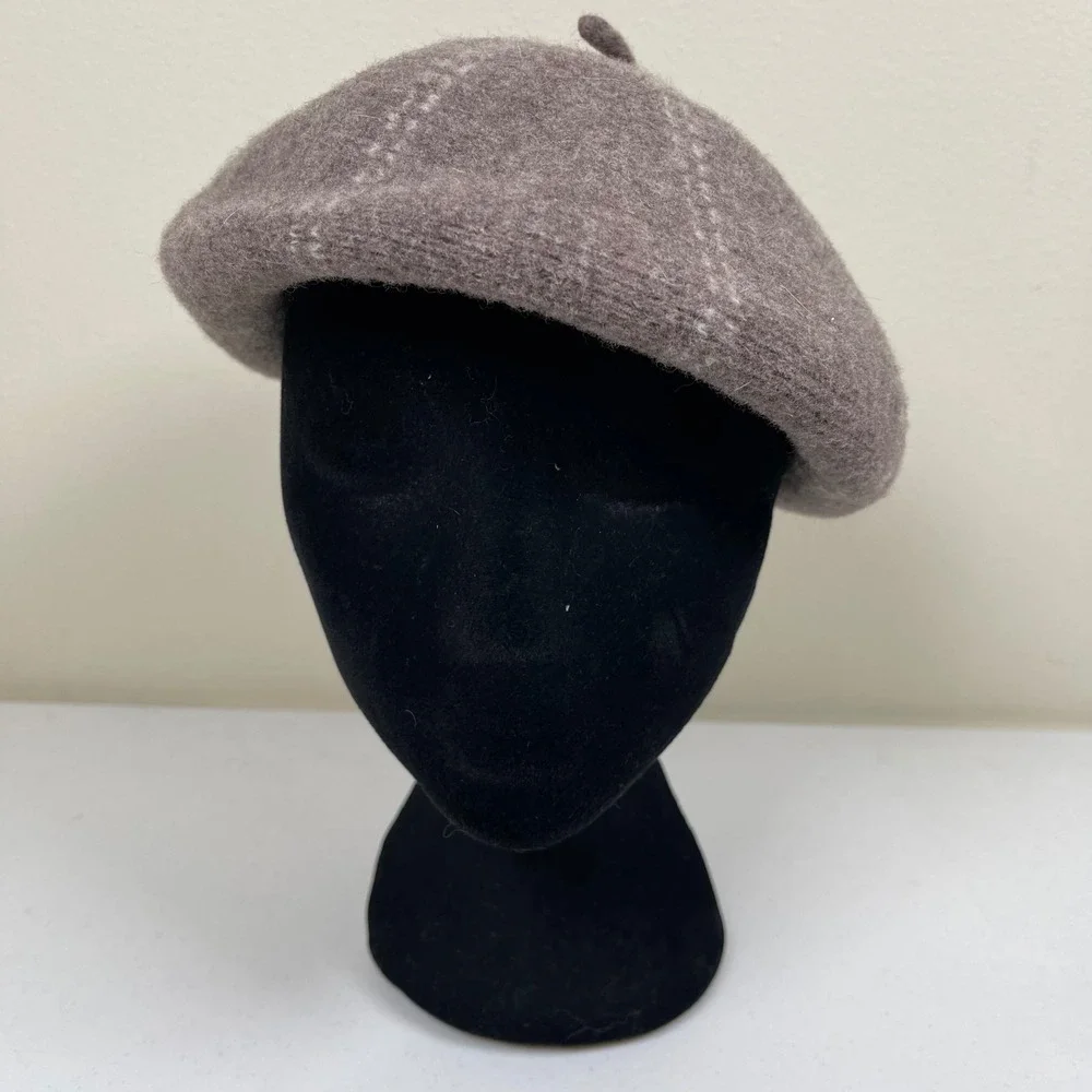Vintage SCALA 100% Wool Beret Hat Cap Taupe Cream Striped‎ Thick Knit Nuetral